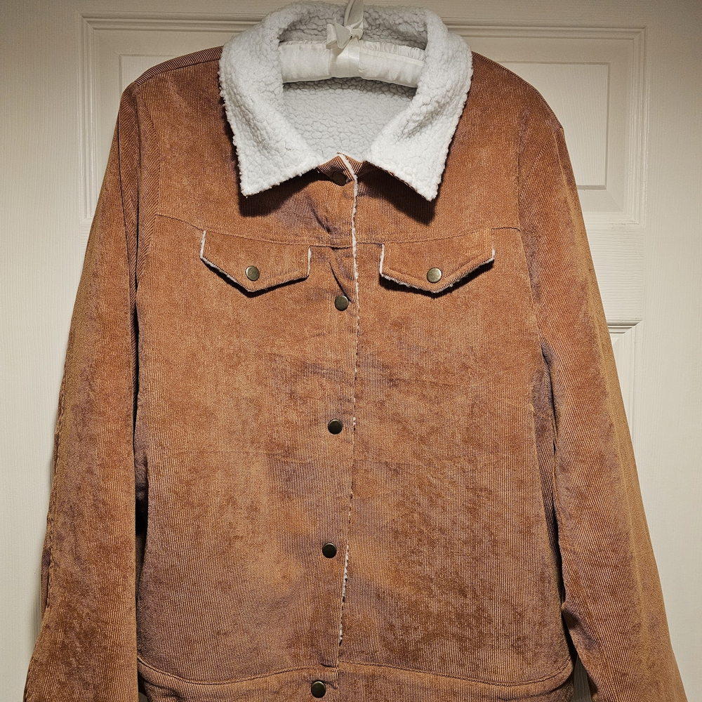 Women's Stylish Caramel Cordoroy Jacket with Soft Faux Sheep Lining, 2X